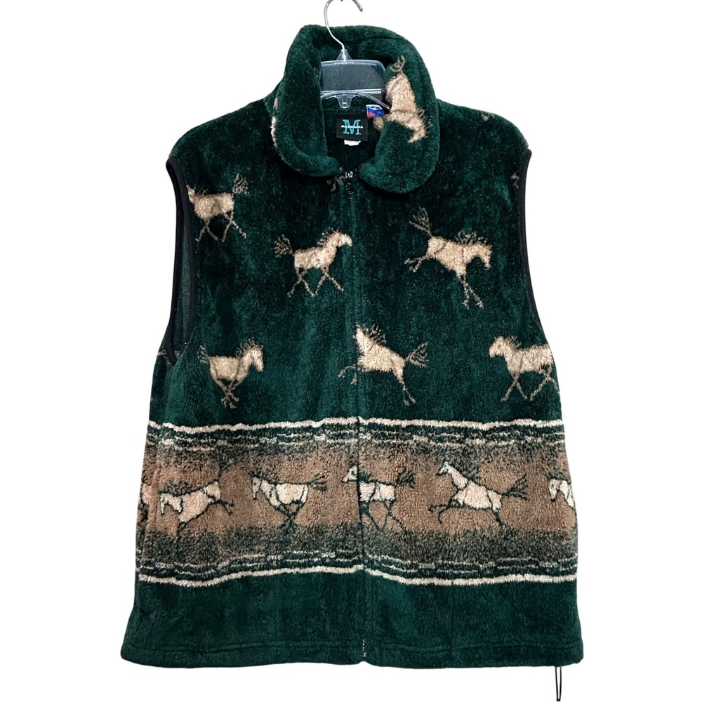 Vintage Fleece Vest Womens XL Green Horse Print Plush USA Gorpcore Equestrian